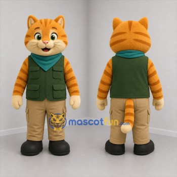 Custom Orange and Green Explorer Cat Mascot Costume Adult Full Body Suit for Adventure Events