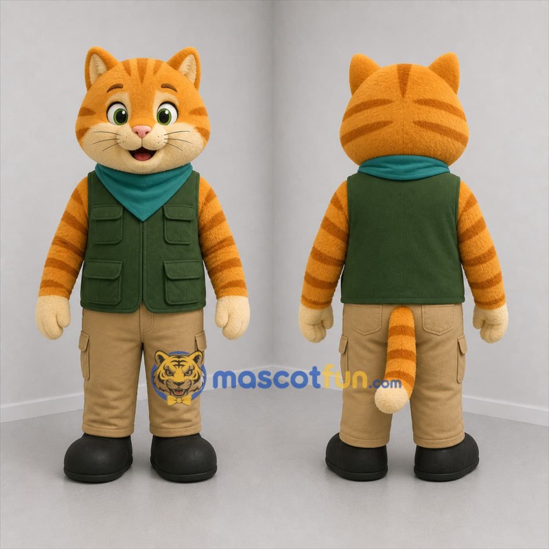 Custom Orange and Green Explorer Cat Mascot Costume Adult Full Body Suit for Adventure Events