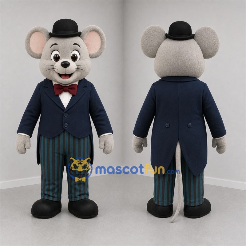 Custom Gray and Blue Gentleman Mouse Mascot Costume Adult Full Body Suit for Theater Events
