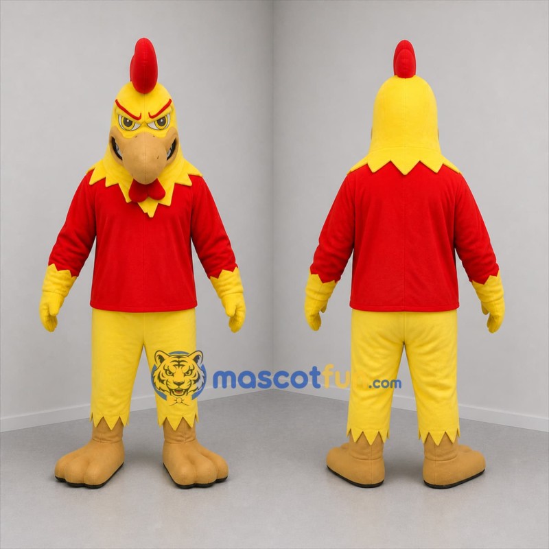 Custom Yellow and Red Rooster Mascot Costume Adult Full Body Suit for Sports Events