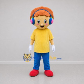 Custom Yellow and Blue Boy with Headphones Mascot Costume Adult Full Body Suit for Music Events