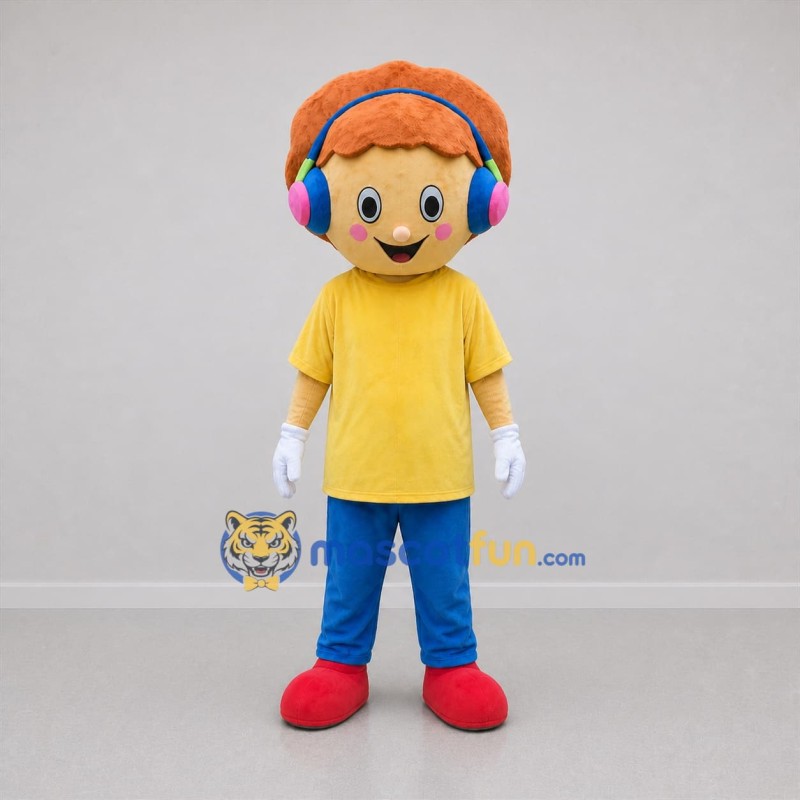 Custom Yellow and Blue Boy with Headphones Mascot Costume Adult Full Body Suit for Music Events