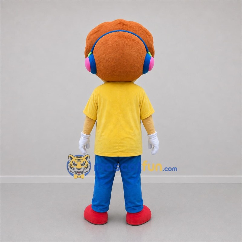 Custom Yellow and Blue Boy with Headphones Mascot Costume Adult Full Body Suit for Music Events