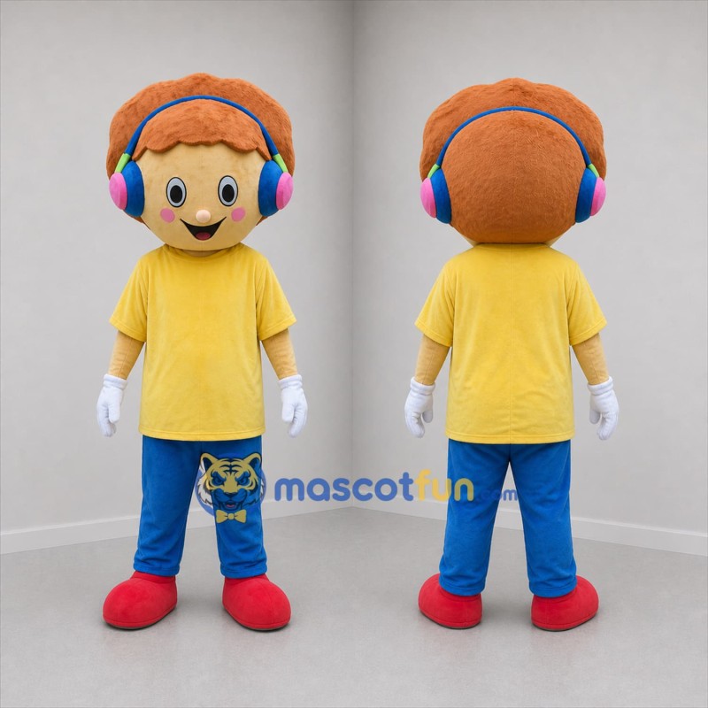 Custom Yellow and Blue Boy with Headphones Mascot Costume Adult Full Body Suit for Music Events