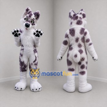 Custom White and Purple Spotted Canine Mascot Costume Adult Full Body Suit for Cosplay Events