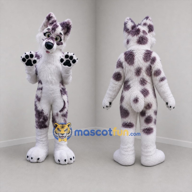 Custom White and Purple Spotted Canine Mascot Costume Adult Full Body Suit for Cosplay Events