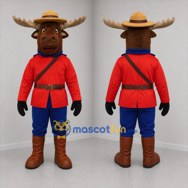 Custom Brown and Red Moose Mountie Mascot Costume Adult Full Body Suit for Community Events
