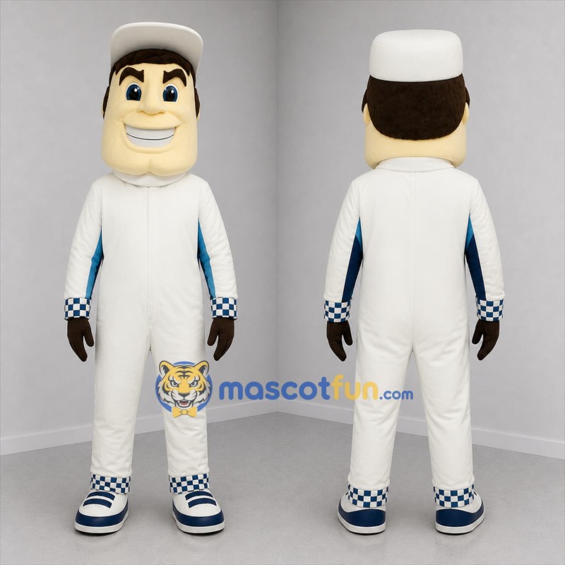 Custom White and Blue Racing Driver Mascot Costume Adult Full Body Suit for Motorsport Events