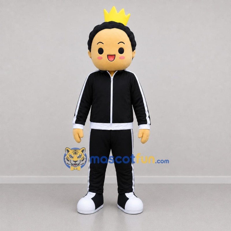 Custom Black and Gold Crowned Boy Mascot Costume Adult Full Body Suit for Birthday Parties