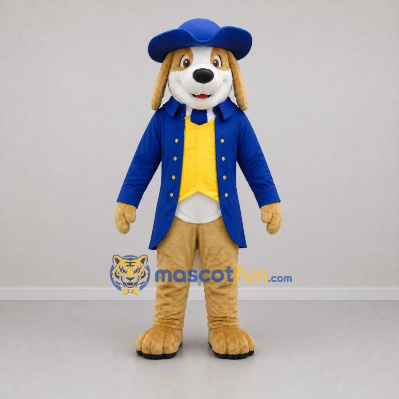 Custom Tan and Blue Gentleman Dog Mascot Costume Adult Full Body Suit for Theater Events