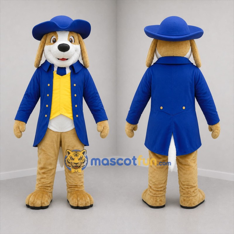 Custom Tan and Blue Gentleman Dog Mascot Costume Adult Full Body Suit for Theater Events