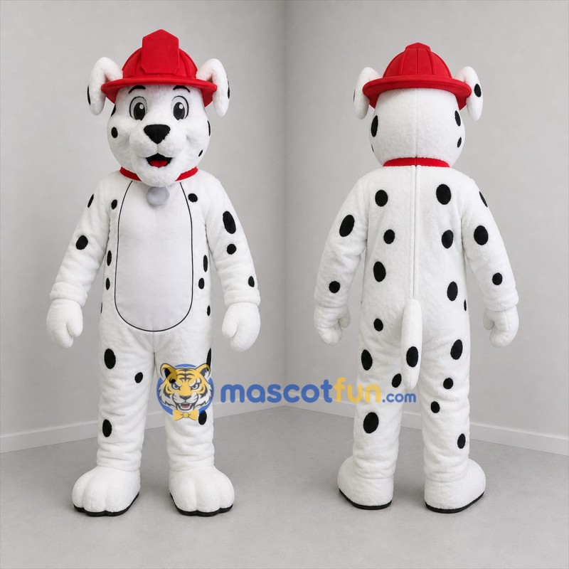 Custom White and Red Firefighter Dalmatian Mascot Costume Adult Full Body Suit for Fire Safety Events