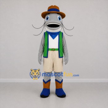 Custom Gray and Green Catfish Cowboy Mascot Costume Adult Full Body Suit for Fishing Events