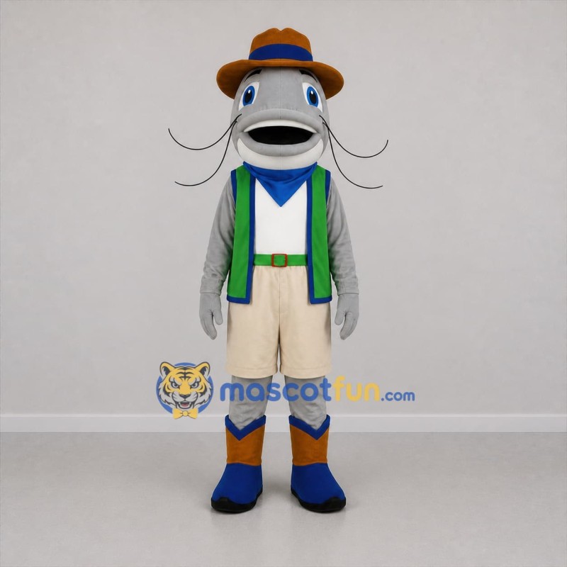 Custom Gray and Green Catfish Cowboy Mascot Costume Adult Full Body Suit for Fishing Events