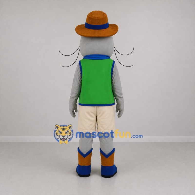 Custom Gray and Green Catfish Cowboy Mascot Costume Adult Full Body Suit for Fishing Events
