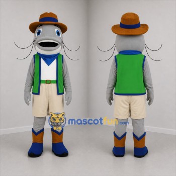 Custom Gray and Green Catfish Cowboy Mascot Costume Adult Full Body Suit for Fishing Events