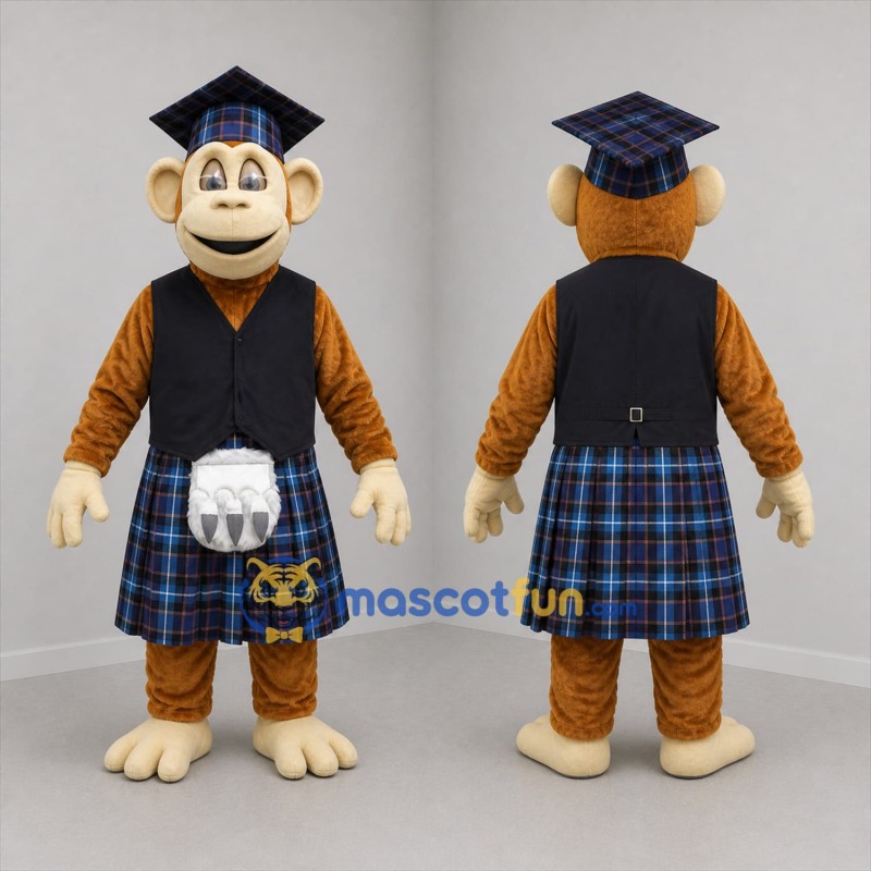 Custom Brown and Blue Monkey in Kilt Mascot Costume Adult Full Body Suit for Cultural Festivals