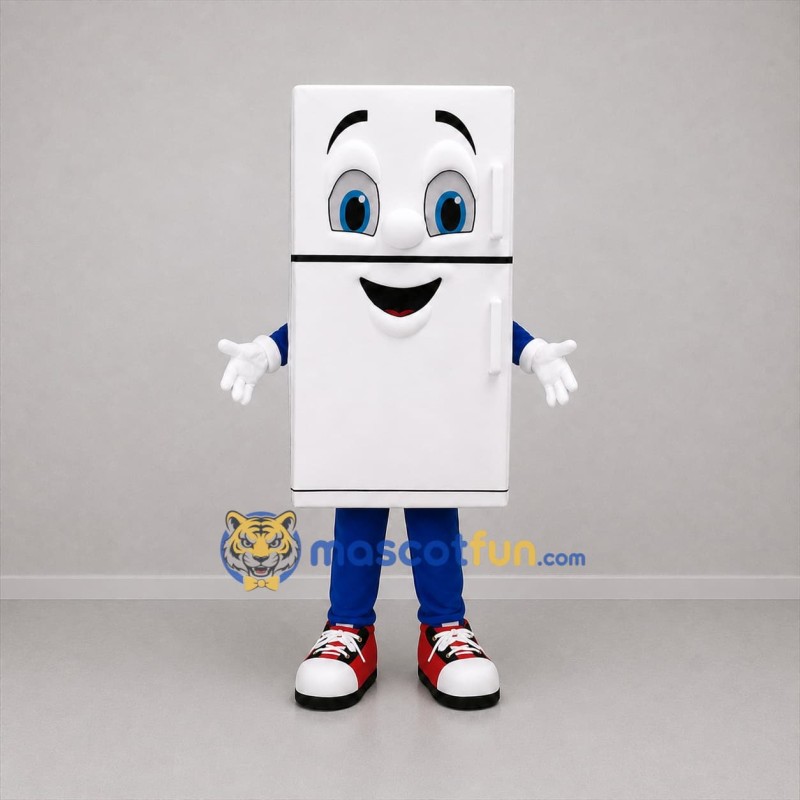 Custom White and Blue Refrigerator Mascot Costume Adult Full Body Suit for Appliance Promotions