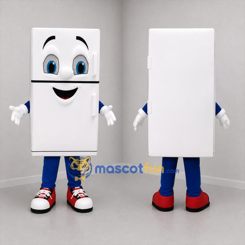 Custom White and Blue Refrigerator Mascot Costume Adult Full Body Suit for Appliance Promotions