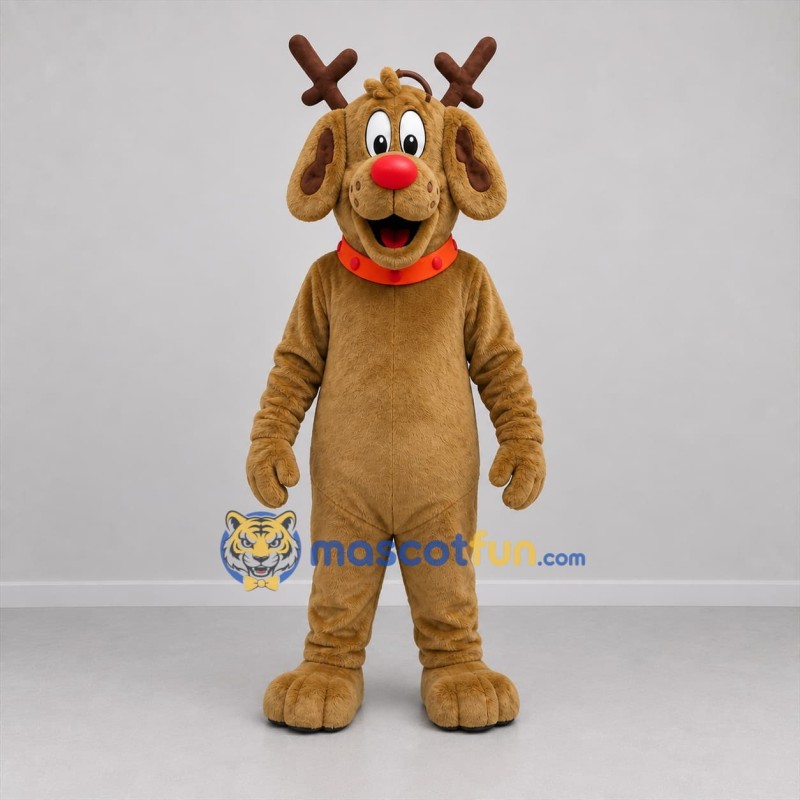 Custom Brown and Red Dog with Antlers Mascot Costume Adult Full Body Suit for Christmas Events