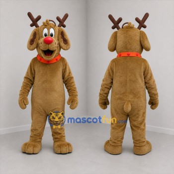 Custom Brown and Red Dog with Antlers Mascot Costume Adult Full Body Suit for Christmas Events