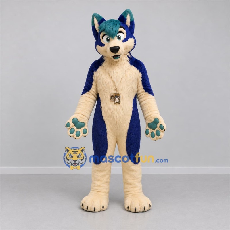 Custom Blue and Cream Canine Mascot Costume Adult Full Body Suit for Cosplay Events