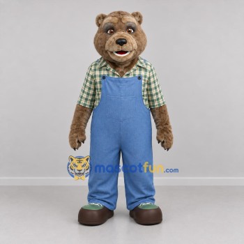 Custom Brown and Blue Farmer Bear Mascot Costume Adult Full Body Suit for Farm Events