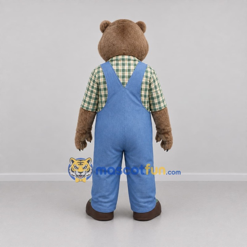 Custom Brown and Blue Farmer Bear Mascot Costume Adult Full Body Suit for Farm Events