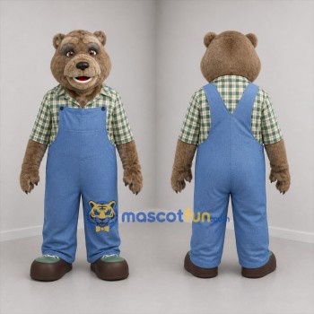 Custom Brown and Blue Farmer Bear Mascot Costume Adult Full Body Suit for Farm Events