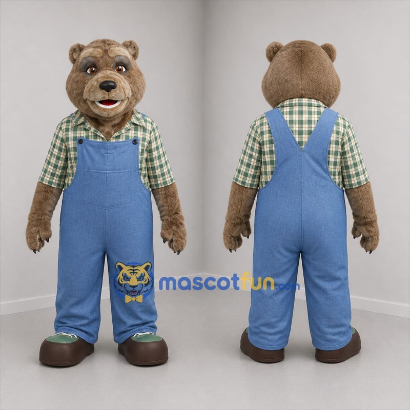 Custom Brown and Blue Farmer Bear Mascot Costume Adult Full Body Suit for Farm Events