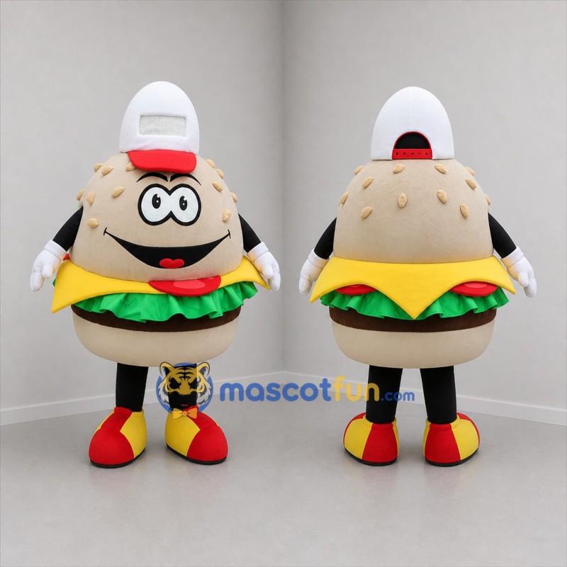 Custom Tan and Yellow Cheeseburger Mascot Costume Adult Full Body Suit for Restaurant Promotions