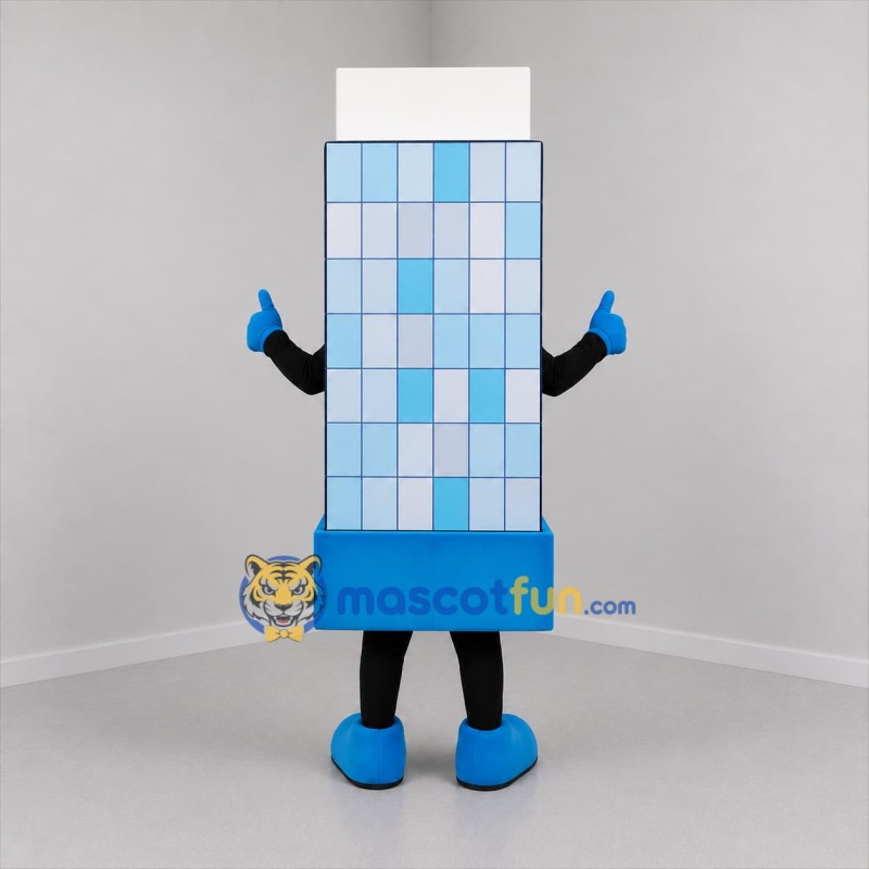 Custom Blue and White Office Building Mascot Costume Adult Full Body Suit for Real Estate Promotions