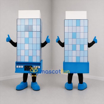 Custom Blue and White Office Building Mascot Costume Adult Full Body Suit for Real Estate Promotions