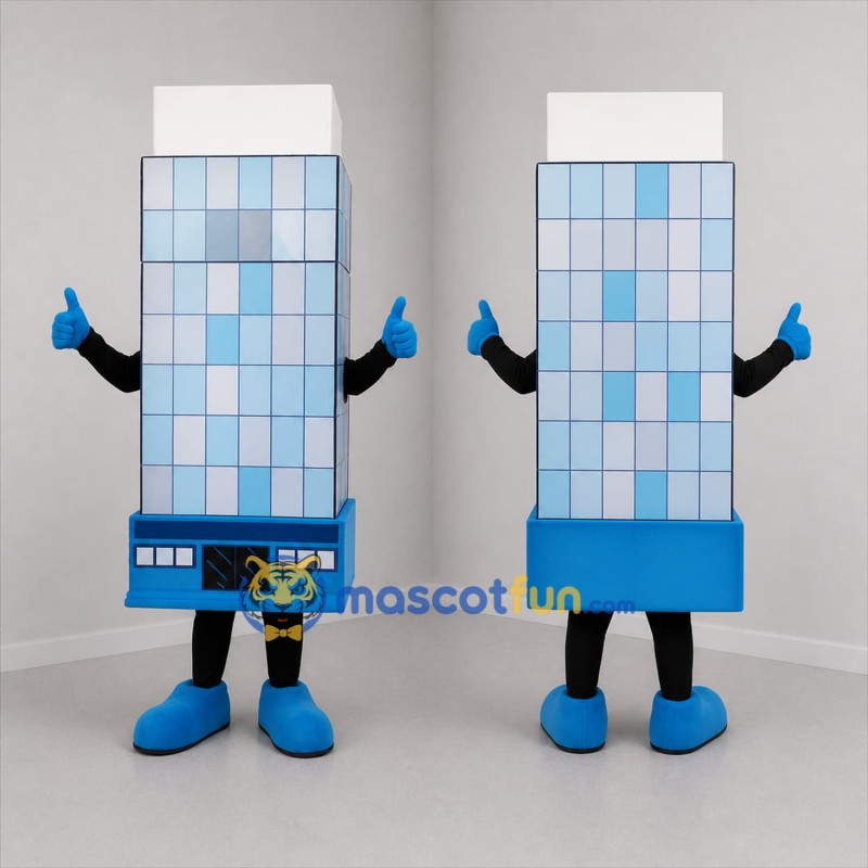 Custom Blue and White Office Building Mascot Costume Adult Full Body Suit for Real Estate Promotions