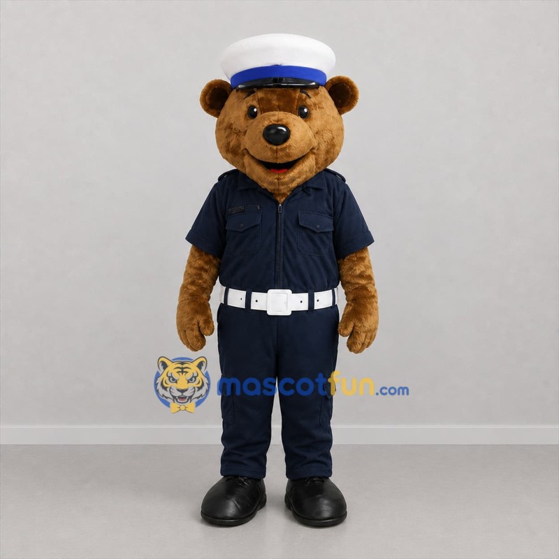 Custom Brown and Navy Blue Uniformed Bear Mascot Costume Adult Full Body Suit for Community Events