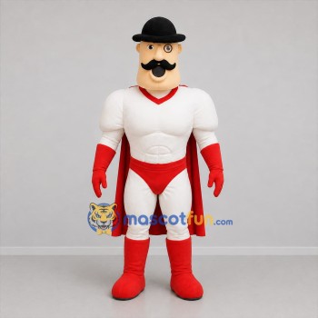 Custom Red and White Mustached Superhero Mascot Costume Adult Full Body Suit for Costume Parties