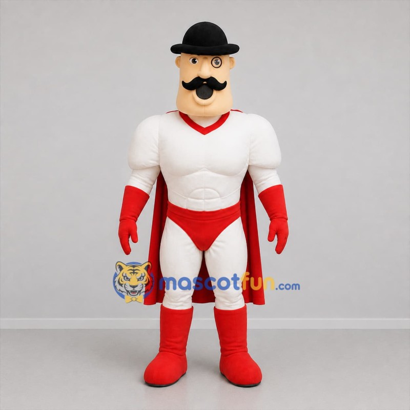 Custom Red and White Mustached Superhero Mascot Costume Adult Full Body Suit for Costume Parties