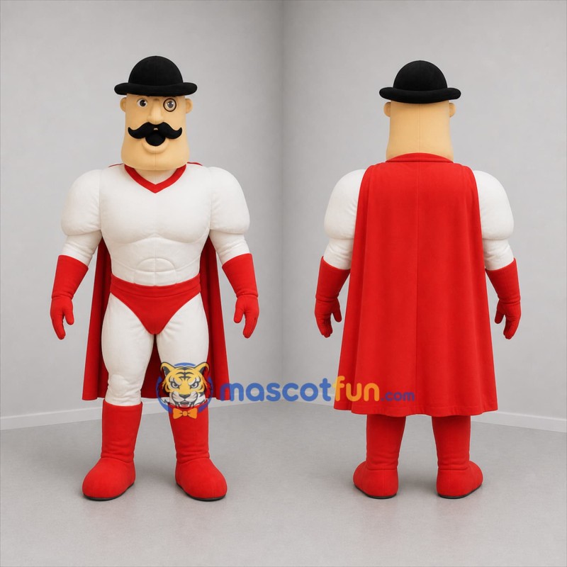 Custom Red and White Mustached Superhero Mascot Costume Adult Full Body Suit for Costume Parties