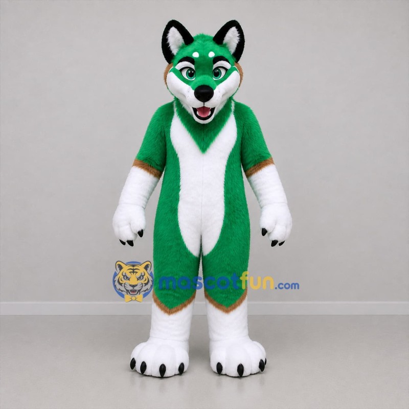 Custom Green and White Husky Dog Mascot Costume Adult Full Body Suit for Sports Events