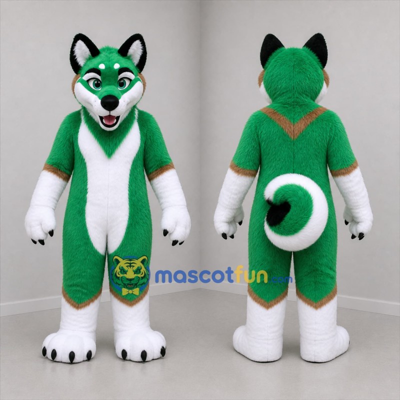 Custom Green and White Husky Dog Mascot Costume Adult Full Body Suit for Sports Events