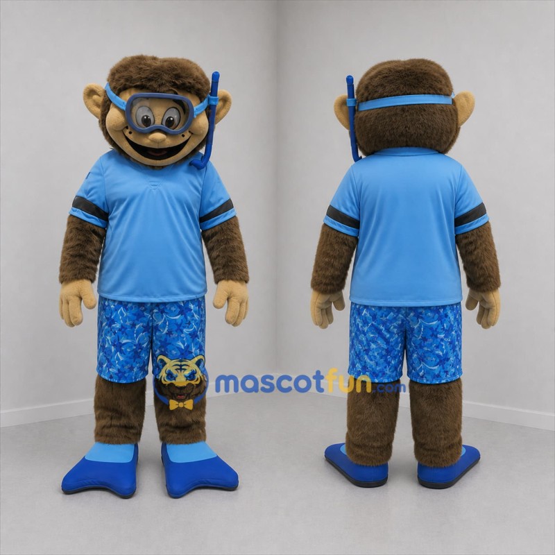 Custom Brown and Blue Snorkeling Monkey Mascot Costume Adult Full Body Suit for Summer Events