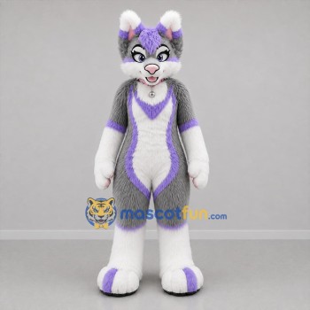 Custom Gray White and Purple Cat Mascot Costume Adult Full Body Suit for Costume Parties