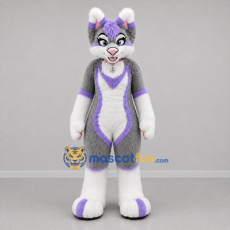 Custom Gray White and Purple Cat Mascot Costume Adult Full Body Suit for Costume Parties