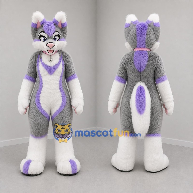 Custom Gray White and Purple Cat Mascot Costume Adult Full Body Suit for Costume Parties