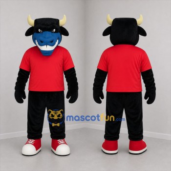 Custom Black Blue and Red Bull Mascot Costume Adult Full Body Suit for Sports Events