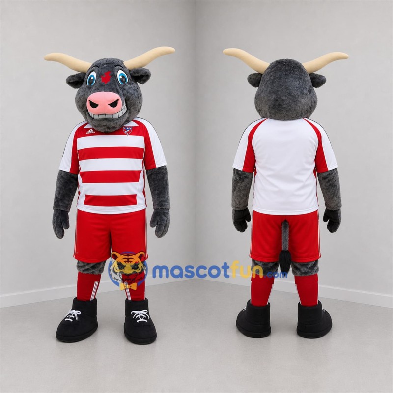 Custom Gray Red and White Bull Mascot Costume Adult Full Body Suit for Soccer Games