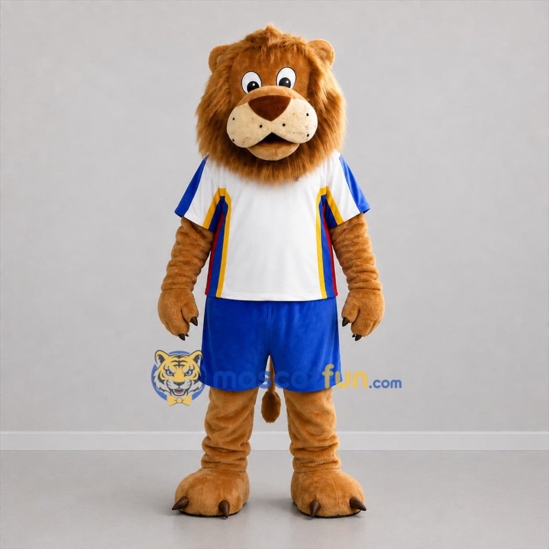 Custom Brown White and Blue Lion Mascot Costume Adult Full Body Suit for Sports Events