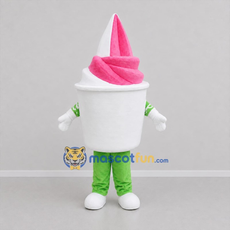Custom Pink and White Soft Serve Ice Cream Cup Mascot Costume Adult Full Body Suit for Food Promotions