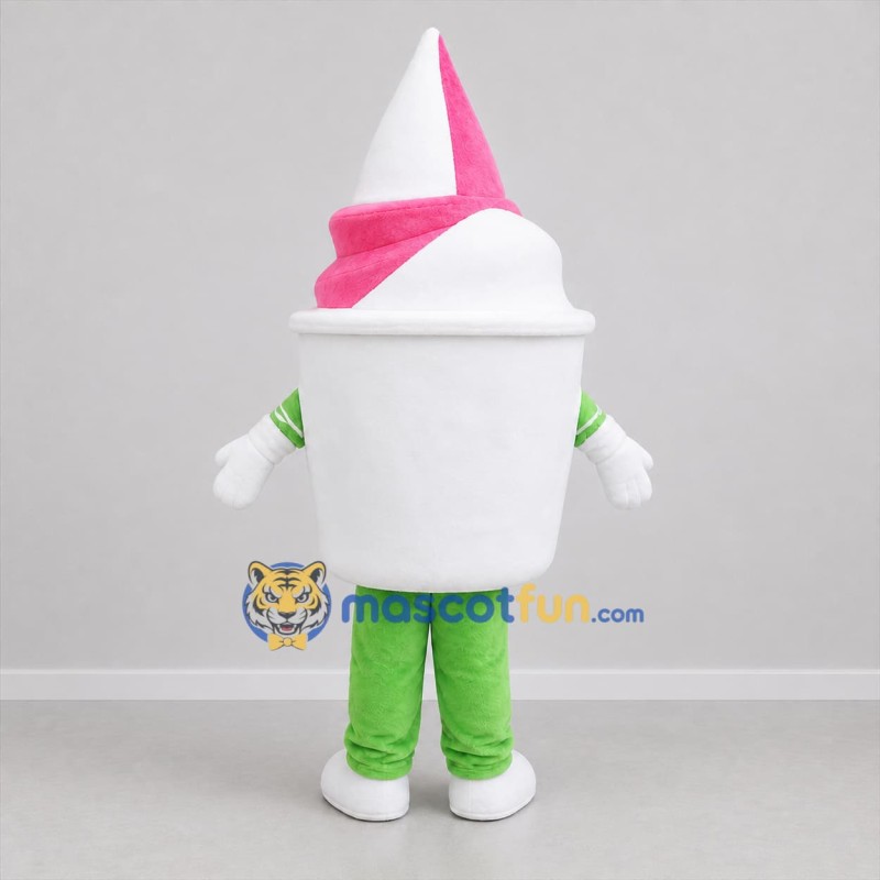 Custom Pink and White Soft Serve Ice Cream Cup Mascot Costume Adult Full Body Suit for Food Promotions