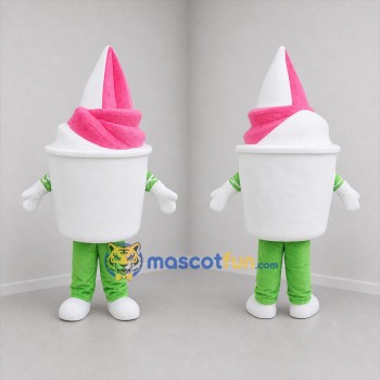 Custom Pink and White Soft Serve Ice Cream Cup Mascot Costume Adult Full Body Suit for Food Promotions